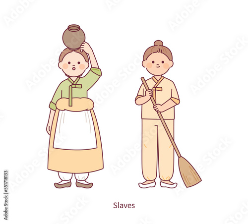 Joseon, an old Korean nation. Pub owner, jobless man, servant, entertainer costume characters. outline simple vector illustration.
