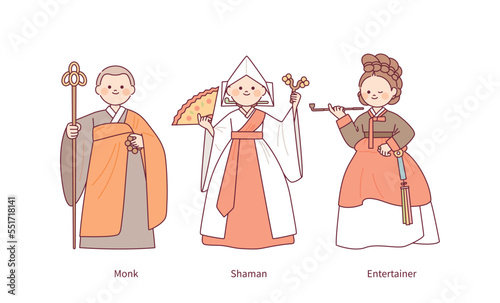 Costumes of Joseon, an old country in Korea. A monk, a shrine maiden, and an entertainer character. outline simple vector illustration.