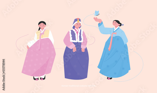 Costumes of the Joseon Dynasty. Various styles of women's hanbok. hand drawn vector illustration. photo