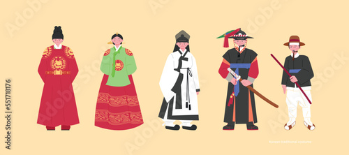 Costumes of the Joseon Dynasty. Kings and queens, students, police captains and cops. hand drawn vector illustration.