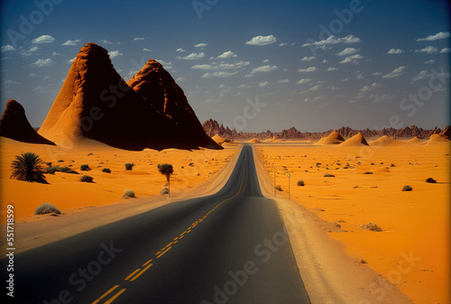 Egypt's desert road is deserted.. Generative AI © AkuAku