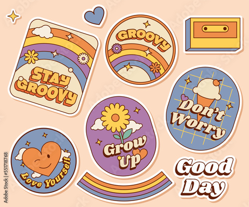 groovy hippie 70s rainbow, flowers, ice cream, love, and music in retro vintage psychedelic cartoon illustration style sticker pack collection