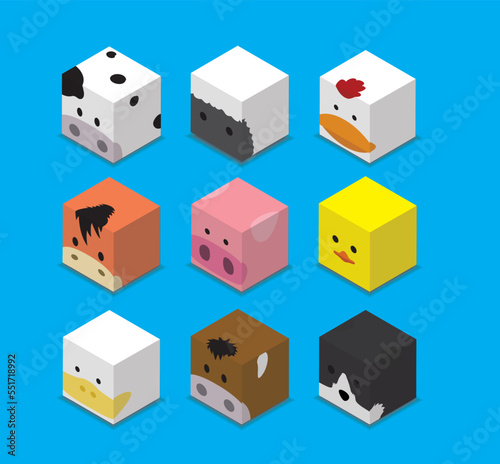 Dice Box 3D Character Farm Animal Set Cartoon Vector