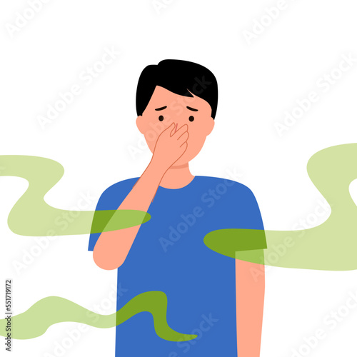 Man cover his nose from unpleasant smell in flat design on white background.