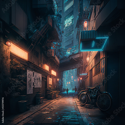 Ai generated cyberpunk alleyway. Created using Ai generative. 