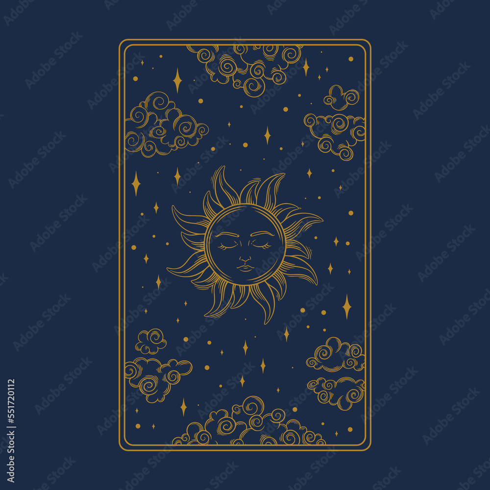 Tarot aesthetic card with sun. Occult tarot design for oracle card