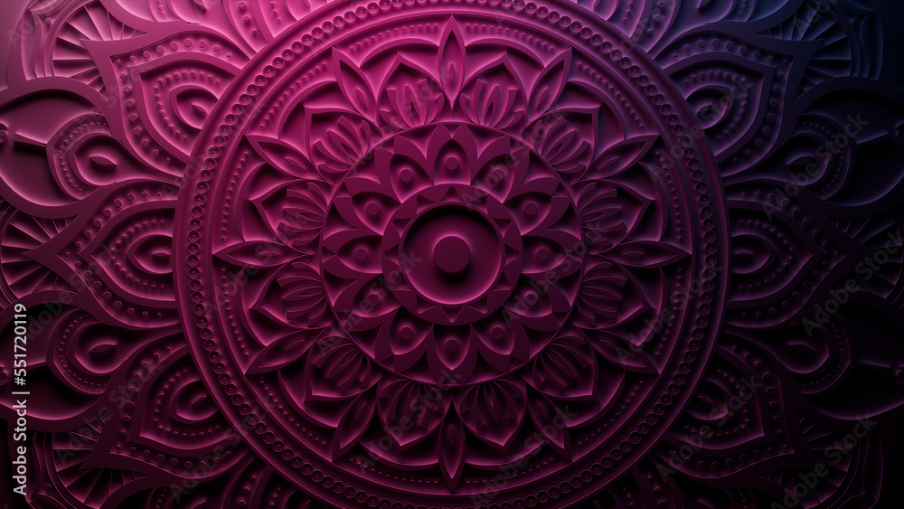 Purple Surface with Extruded Mandala Flower. Three-dimensional Diwali Celebration Background. Purple Surface with Extruded Mandala Flower. Three-dimensional Diwali Celebration Background.
