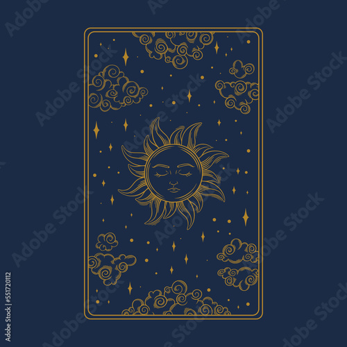 Tarot aesthetic card with sun. Occult tarot design for oracle card covers. Vector illustration isolated in blue background