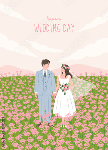 floral wedding invitation with bride and groom portrait illustration. landscape of Spring field and wild flowers. For poster, gift, print, card, banner, cover background. Hand drawn style. Flat vector