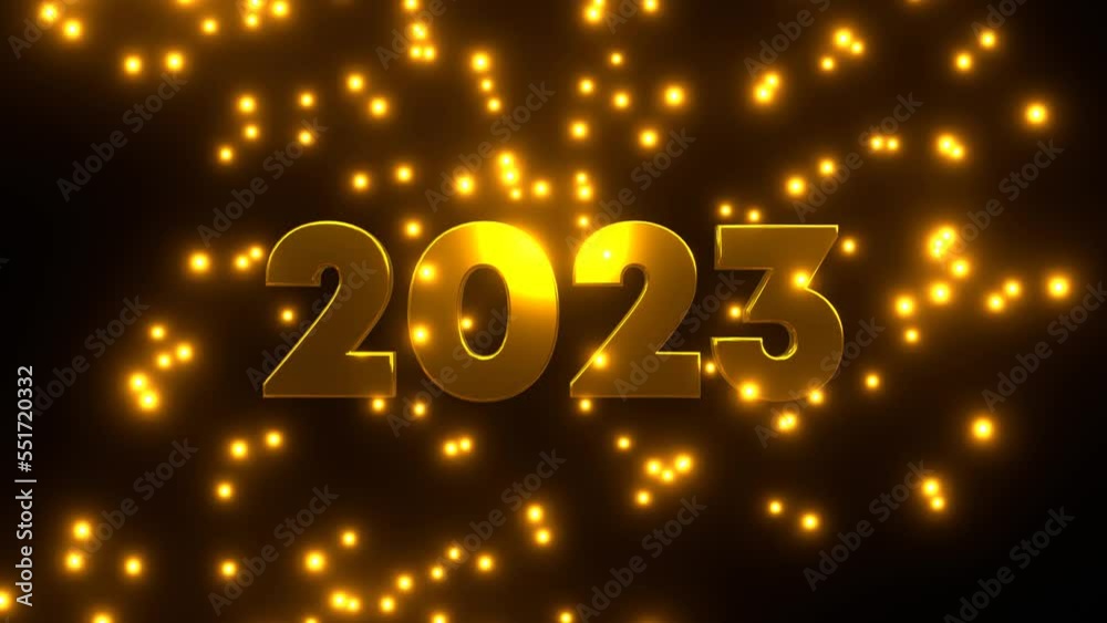 Happy New Year 2023 with golden falling particle on black background. 4K UHD. 3d rendering. Happy New Year 2023 with golden falling particle on black background. 4K UHD. 3d rendering.