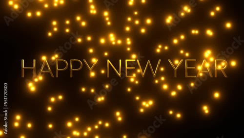 Happy New Year with golden falling particle on black background. 4K UHD. 3d rendering.