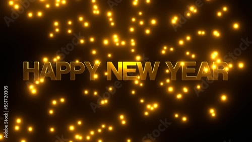 Happy New Year with golden falling particle on black background. 4K UHD. 3d rendering.