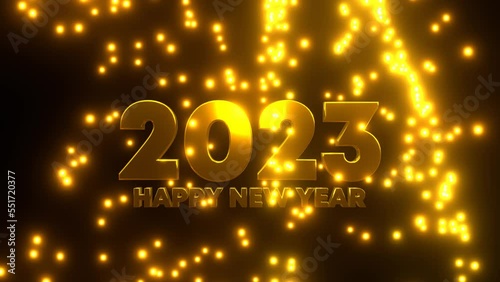 Happy New Year 2023 with golden falling particle on black background. 4K UHD. 3d rendering.