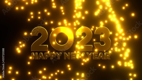 Happy New Year 2023 with golden falling particle on black background. 4K UHD. 3d rendering.