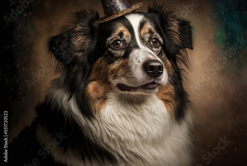 Elegant and serious fuzzy dog portrait enjoying carnival or birthday celebration.. Generative AI