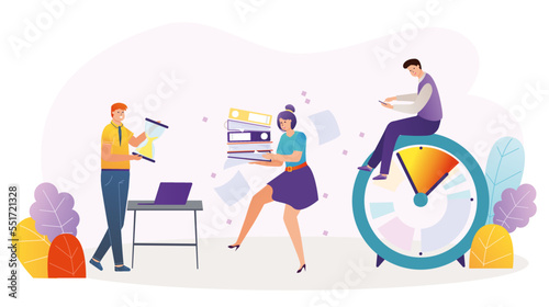 Businessman office clerk hold hourglass, businesswoman carry document folder, time management deadline flat vector illustration, isolated on white.