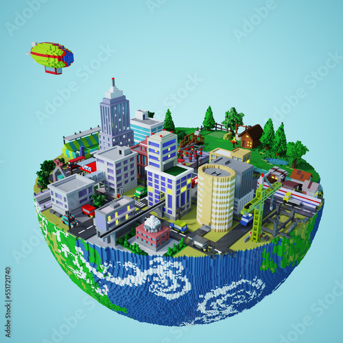 The earth with the atmosphere of the city and the village are contradictory. Illustration voxel art