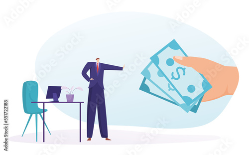 Businessman hand hold cash money dollar, government employee anti corruption process flat vector illustration, isolated on white.