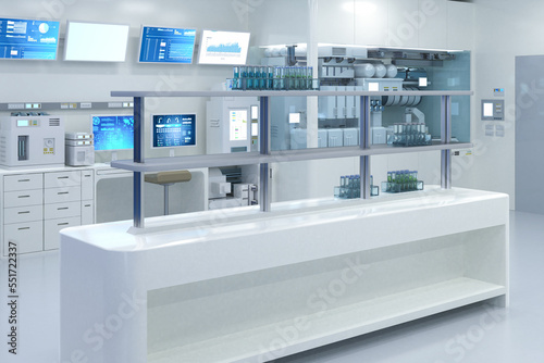 white futuristic digital laboratory with machine, computer screen and test tubes