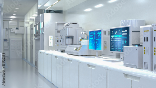 white futuristic digital laboratory with machine and computer screen