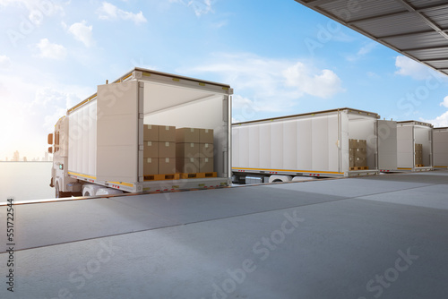 Logistic trailer truck or lorry fully loading cardboard boxes