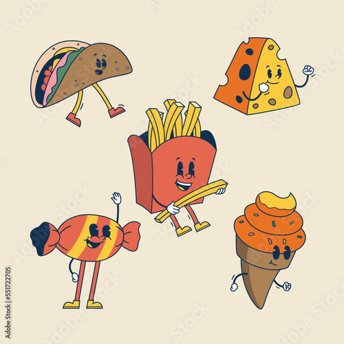 Hand drawn retro cartoon food and drink