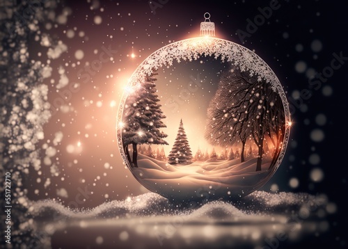 Christmas ornament in the snow, glowing with winter scene, snowflakes falling