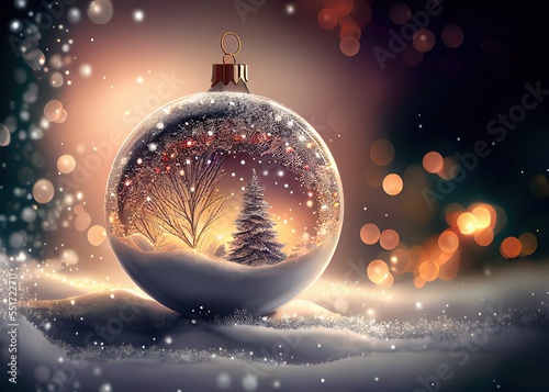Festive Christmas ornament in sparkling snow with tiny landscape inside, bokeh background