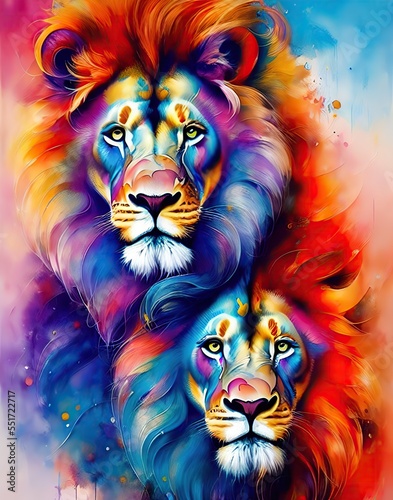 Two lion faces  vibrantly colored abstract painting