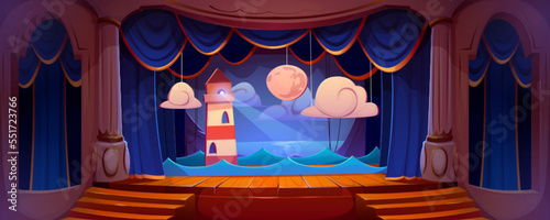 Empty theater stage with blue curtains, wooden floor, columns. Vector cartoon illustration of lighthouse and night seascape decoration with full moon background ready for play, performance, concert
