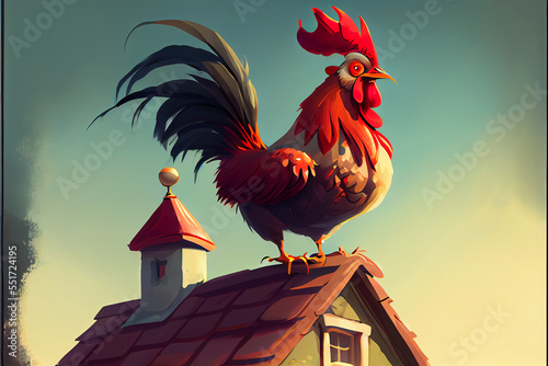 Fotografering Cartoon rooster on a roof