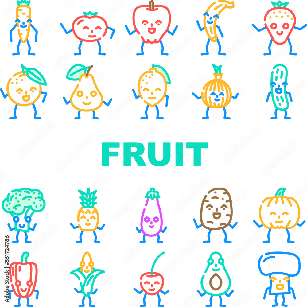 fruit vegetable character food icons set vector. paper work, informationfolder, contract computer, digital technology, corporate fruit vegetable character food color line illustrations