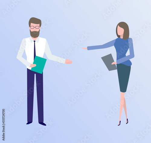 Man and woman workers character, colleagues presentation or seminar, full length and portrait view of employee, people managers, business decoration vector