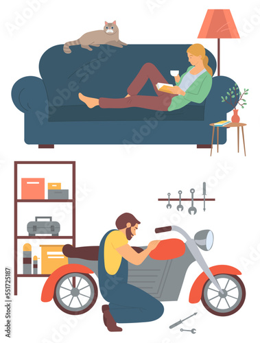 Person fixing car vector, isolated people leisure time. Interest of characters, lady reading book, bookworm and male in garage tuning of motorbike