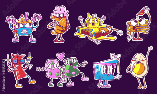 Retro stickers funny food y2k breakfast characters isolated set. Sandwich toast with melted butter, croissant, oatmeal porridge and milk pack with sliced egg personages, Cartoon vector patches pack