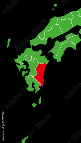 [縦動画] 宮崎県の位置がズームアップになって赤く表示されます。背景はアルファチャンネル(透明)です。