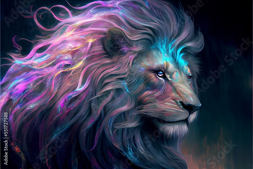 Opalescent lion with long main and neon colors