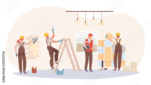 Group of builder people character repair interior design, professional constructor fix home decor flat vector illustration, isolated on white.