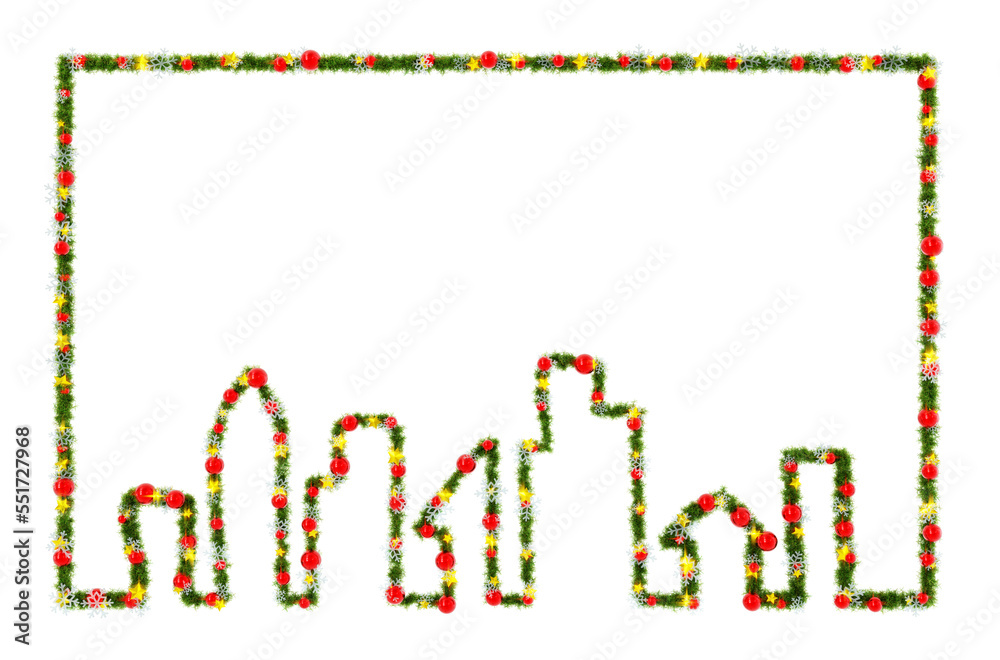 Beautiful Christmas Frame with christmas wreath material in the shape of cityscape, with red orbs and snowflakes and shiny stars on transparent background (RGBA 3D Rendering PNG)