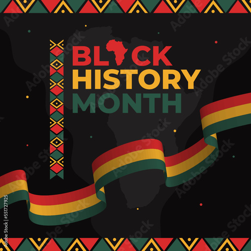 Black history month with ribbon and african pattern illustration on map background