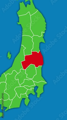 [縦動画] 福島県の位置がズームアップになって赤く表示されます。背景は海です。