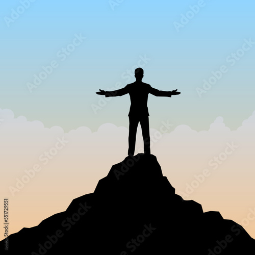 Man silhouette standing on top of the mountain. A sign of freedom and success. Vector illustration.