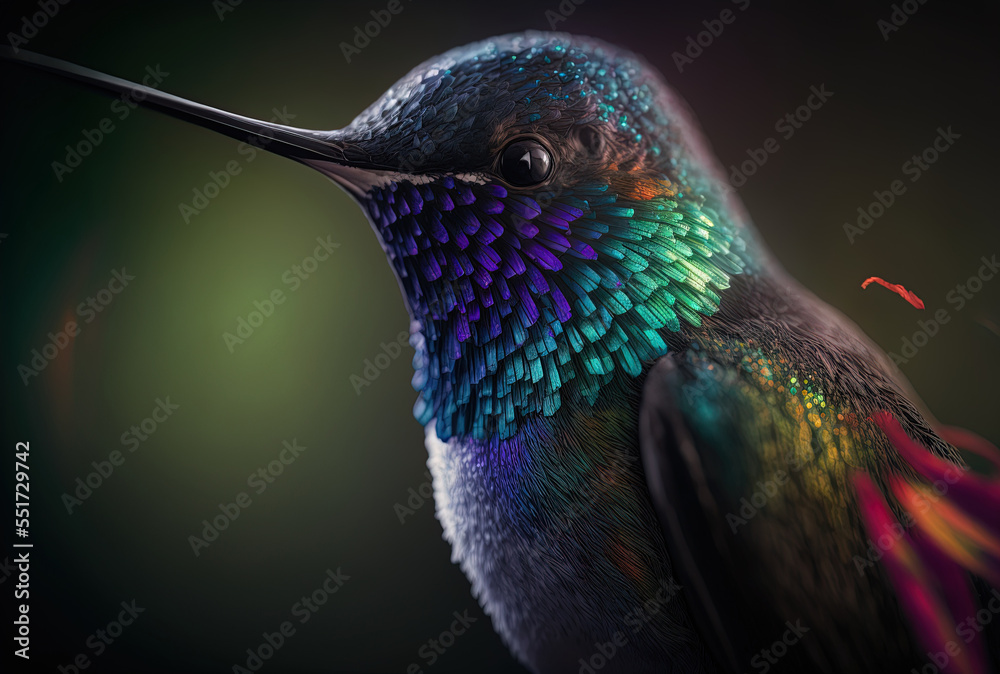 Obraz premium Beautiful hummingbird in close up perched on a light. Generative AI