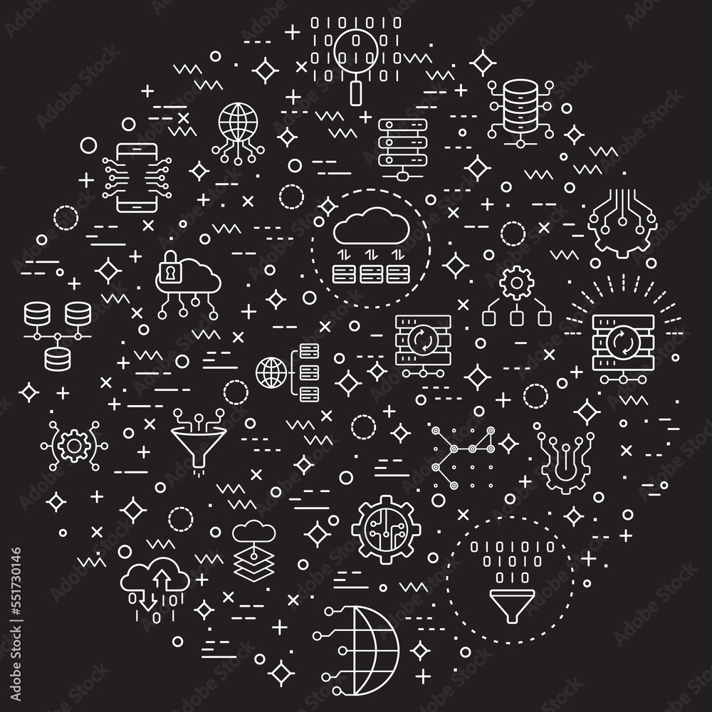 Simple Set of big data and database Related Vector Line Illustration. Contains such Icons as network, processing, analytics, search, mining, filter, flow, cloud and Other Elements. Simple Set of big data and database Related Vector Line Illustration. Contains such Icons as network, processing, analytics, search, mining, filter, flow, cloud and Other Elements.