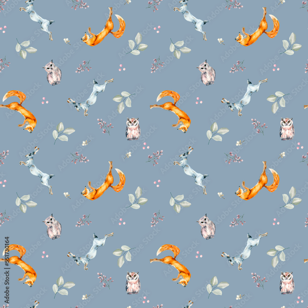 Wild animals, hare, fox, owl and plants watercolor seamless pattern isolated on blue.