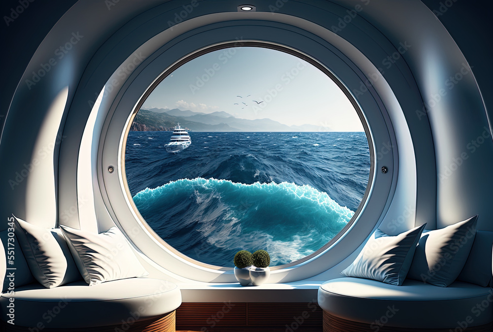 Naklejka premium View of the ocean from a white yacht's interior.. Generative AI