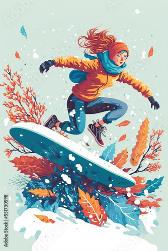 Colourful figure of a young woman snowboarding on slope and jump with snowflakes, cartoon illustration