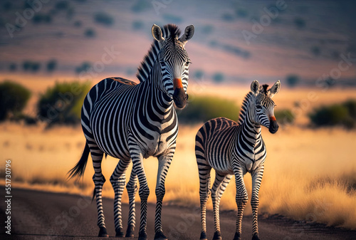 A mother zebra and her youngster are shown in a blurry photograph standing on the road.. Generative AI