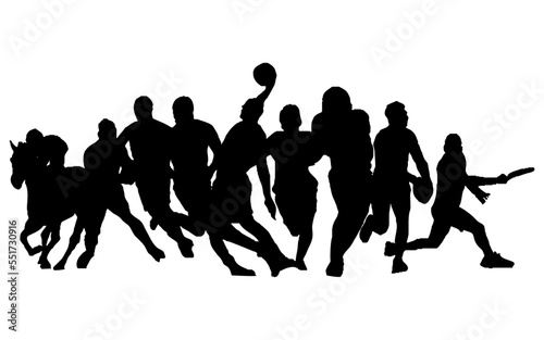 Silhouettes of multiple teams like football, basketball, cricket, baseball, horse riding