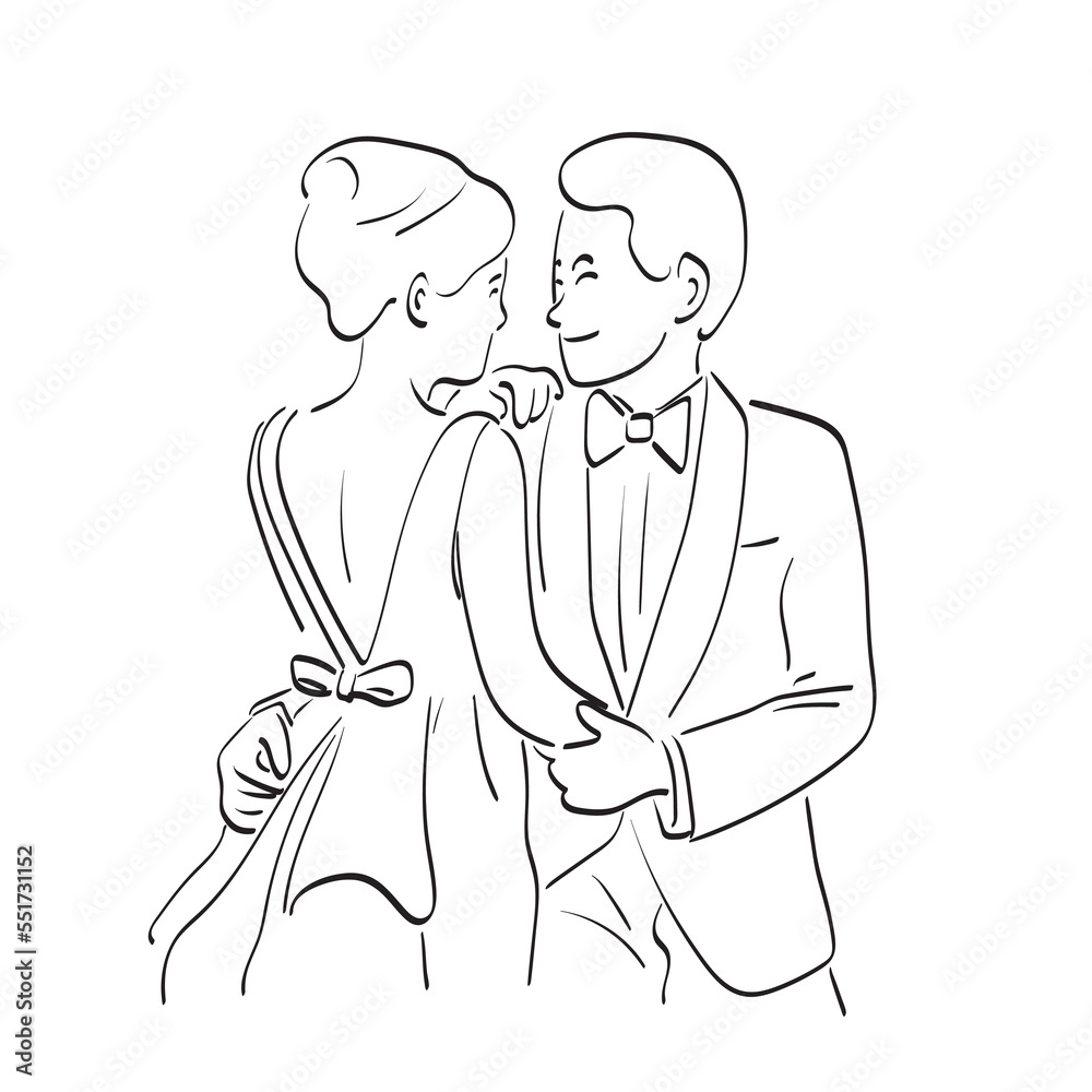 line art portrait of a young couple in wedding illustration vector hand drawn isolated on white background